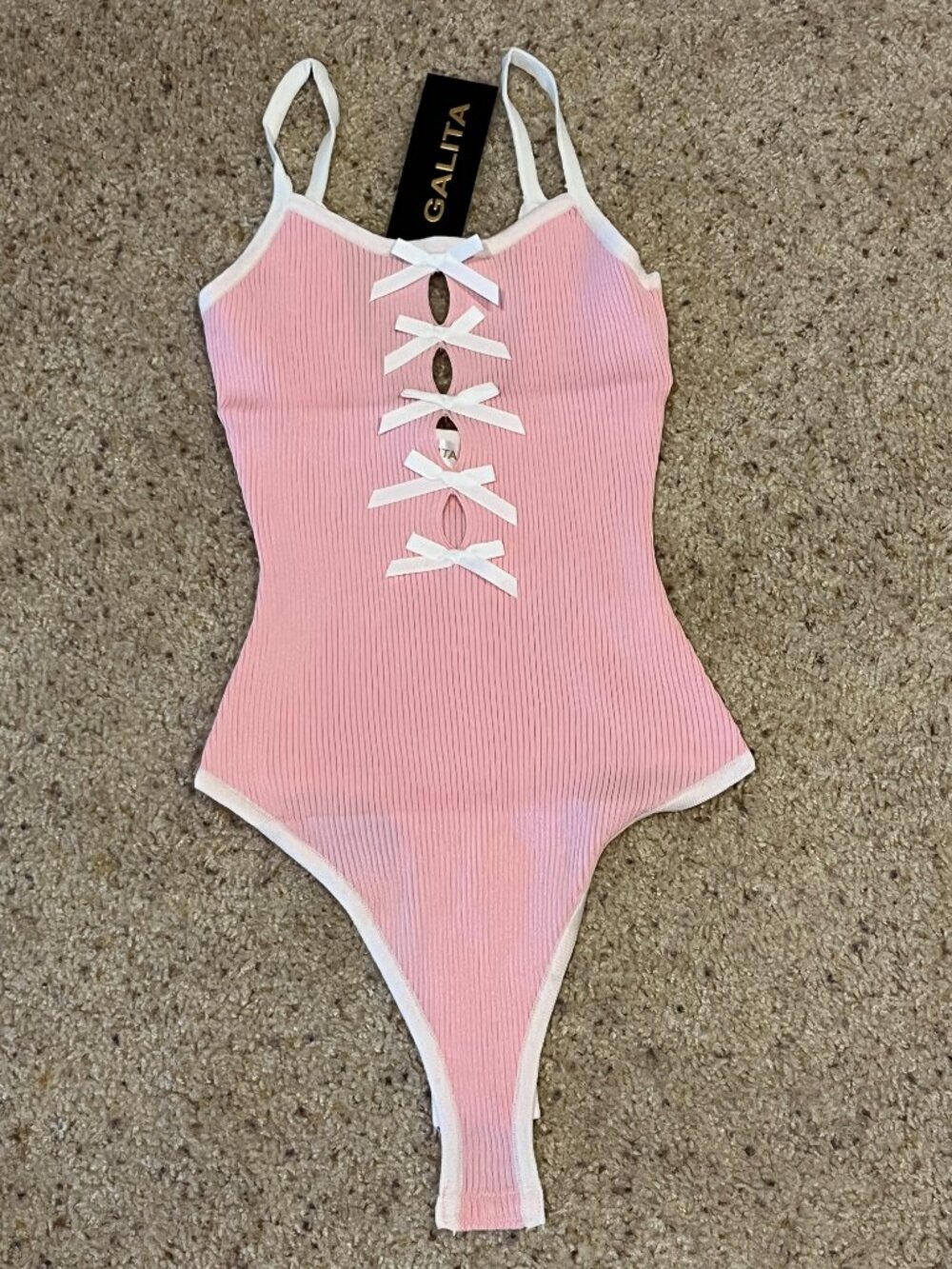 NWT Women's Galita Fashion Pink w/ White Bows Bodysuit Size S